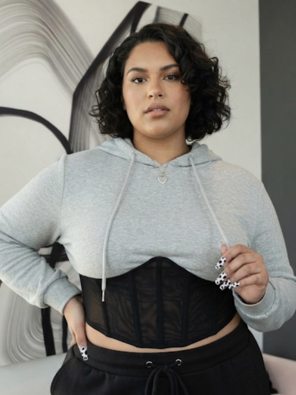 FN Gray Cropped Hoodie with Black Mesh Corset-2X